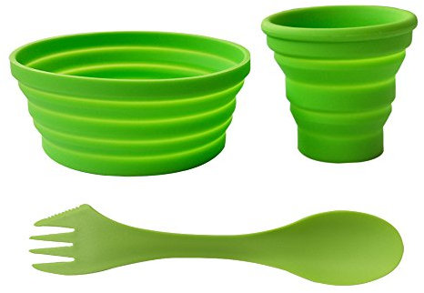 Ecoart Silicone Collapsible Bowl Cup Set with Spork for Outdoor Camping Hiking Travel, Green - Set of 3