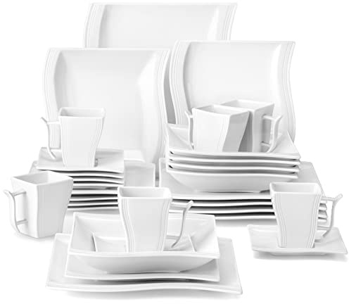 MALACASA, Série Flora, 30pcs Service de Table Porcelaine 6pcs pour Assiette Plate, Assiettes à Dessert, Assiette Creuse à Soupe, Tasses avec Soucoupes Service à Café Thé Mug Vaisselles Blanc