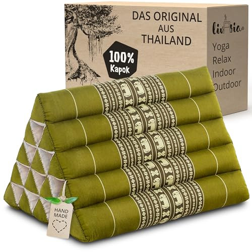 livasia Rückenstützkissen extrahoch - 38x55x35cm - Dreieckskissen für Garten und Balkon, Keilkissen mit Kapok, Lagerungskissen für Beine, handgefertigt, Meditationskissen (Grün/Elefanten)