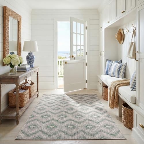 SAFAVIEH Washable Rug Outdoor Courtyard Collection - 4' x 5'7, Grey & Blue, Non-Shedding & Easy Cleaning, Ideal for Patio, Backyard, Mudroom (CY8463-37212)