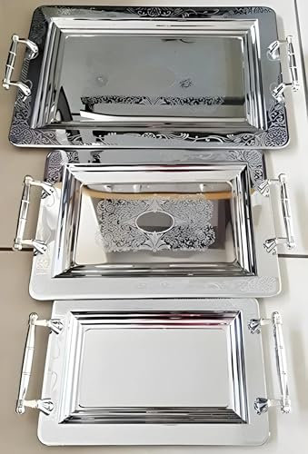 Edelstahl-Tablett zum Servieren von Tee oder Kaffee, Silber Serviertablett, Set bestehend aus 3 Tabletts (elegant4741)