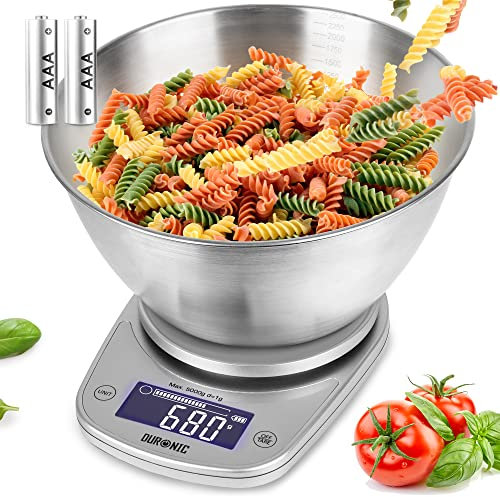 Duronic KS5000 SR/SS Küchenwaage, 5 kg Digitalwaage oval mit 2,5 L abnehmbarer Schüssel, 1 g grammgenau Präzision-Feinwaage, Haushaltswaage mit Tara