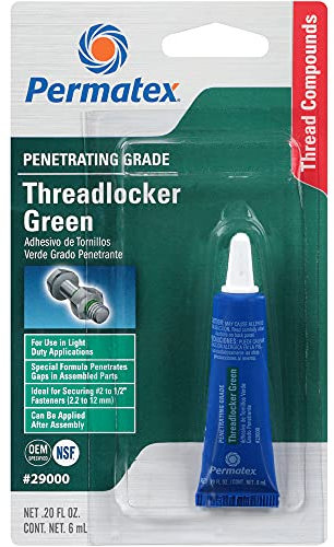Permatex 29000 Penetrating Grade Threadlocker: Designed for Preassembled Fastenings, Removal Requires Heat or Special Tools Green, 6ml