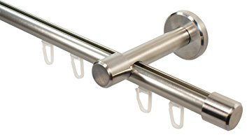 iso-design Gardinenstange Innenlauf 1-läufig 16 mm Durchmesser Farbe Edelstahl Wandmontage Innenlaufstange aus Metall Wandabstand 7 cm, Endstück Kappe, 160 cm
