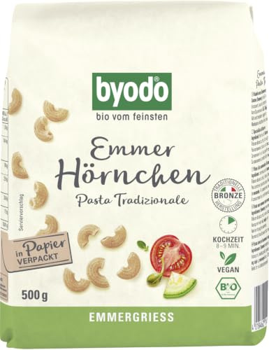 Byodo Bio Emmer Hörnchen, 500g - Italienischer Emmergrieß Pasta, 100% Bio, Bronze-Matrizen, Ideal für Al Dente Genuss, Kochzeit 7-8 Minuten