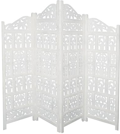 Topfurnishing 4 Panel Room Divider Free Standing Mango Wood Hand Carved Folding Screen Partition Privacy Screen Decorative Headboard (Gamla Design, White, 200 x 180 cm)
