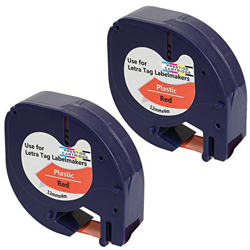 Prestige Cartridge 2 x Compatible Plastic Tapes 91203 S0721680 S0721630 Black on Red (12mm x 4m) Replacement for Dymo LetraTag LT110T, LT100H, LT100T, QX50, XR Label Makers