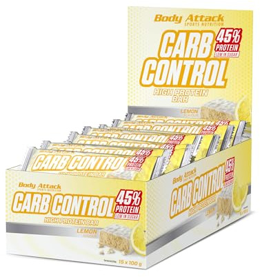 Body Attack Carb Control Lemon - 15 x 100 g Riegel - Fitness Protein Riegel mit mehr als 45% Eiweiß aus Milch- und Molkenisolat - Mit Vitamin B1, B2, B6, B12, Folsäure & Niacin - zuckerarm