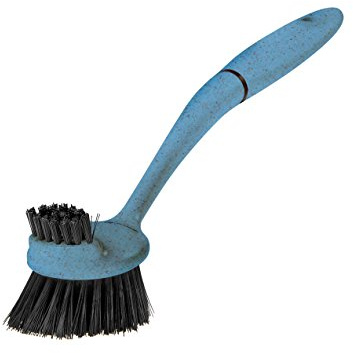 Greener Cleaner Long-Arm Dish Washing Scrub Brush Stubborn Caked-On Food Stains from Pots/Plates/Pans/Glass/Ceramic/Plastic, Hanging Easy-Grip Handle Eco-Flek (Recycled Plastic and Sustainable Wood Pulp) Dishwasher Safe for Bacteria Removal kitchen tool (Blue)