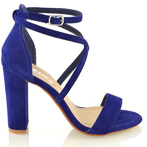 ESSEX GLAM Womens Ankle Strap Block Heel Sandals Ladies Strappy Buckle Prom Party Shoes 3-8 (UK 7 / EU 40 / US 9, Navy Faux Suede)