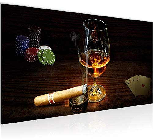Runa Art Wandbild Alkohol Poker 1 Teilig 100 x 40 cm Modern Bild auf Vlies Leinwand Zigarre Whisky Wohnzimmer Braun 502212a