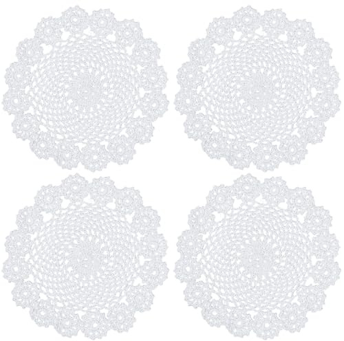 kilofly Crochet Cotton Lace Table Placemats Doilies Pack, 4pc, White, Garland, 7 inch
