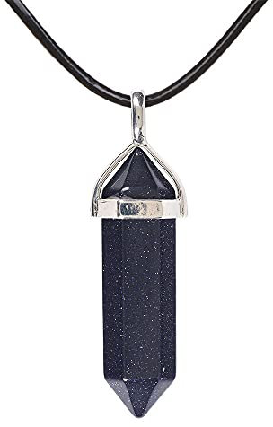Blue Goldstone Gemstone Hexagonal Pointed Reiki Chakra Pendant Genuine Leather Necklace 18
