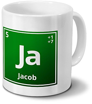 Tasse mit Namen Jacob als Element-Symbol des Perioden Systems - grün - Namenstasse, Kaffeebecher, Mug, Becher, Kaffeetasse