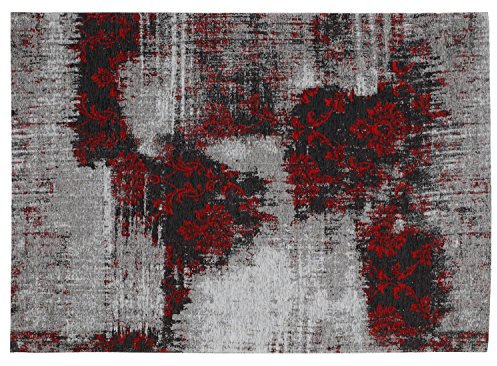 REAL ROSE Vintage Patchwork Velour Teppich in grau-rot, Größe: 40x60 cm