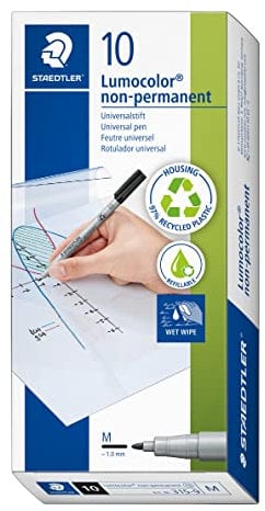STAEDTLER Folienstift non-permanent Lumocolor, schwarz, wasserlöslich, Made in Germany, nachfüllbar, lange Lebensdauer, Rundspitze M ca. 1,0, 10 schwarze Universalstifte im Kartonetui, 315-9