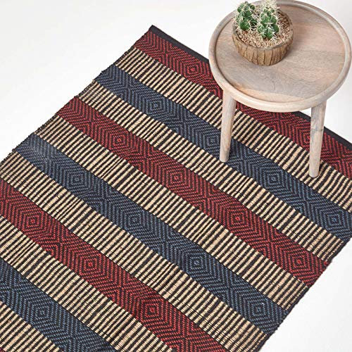 Homescapes Naturfaser-Teppich/Bettvorleger, 60 x 100 cm, 100% Jute-Teppich mit Streifen und geometrischem Rautenmuster, rot-blau-schwarz