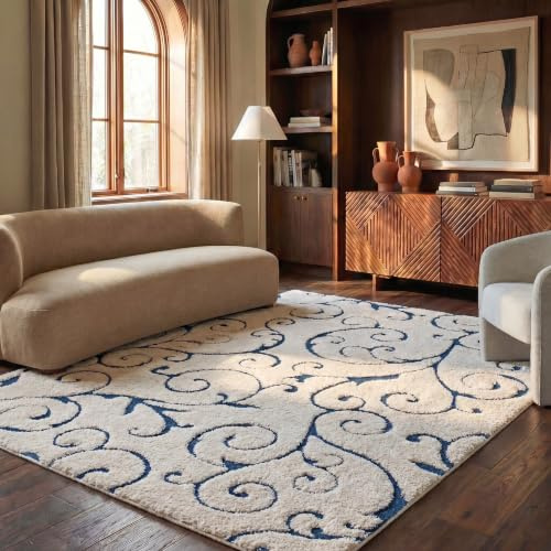 SAFAVIEH Florida Shag Collection Area Rug - 6' x 9', Cream & Blue, Scroll Design, Non-Shedding & Easy to Clean, High-Low Plush Pile, Ideal for Living Room, Bedroom, Dining Space (SG455-1165)