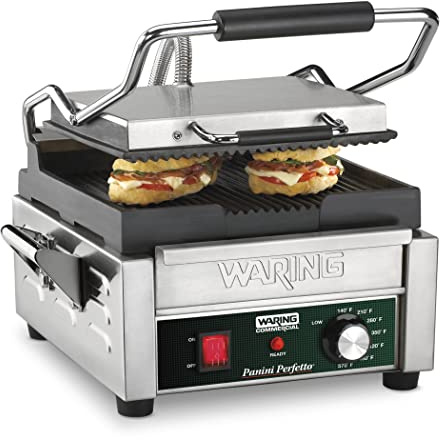 Waring Commercial WPG150 Panini Perfetto® Compact Ribbed Panini Grill, 20 minute countdown timer, 120V, 1800W, 5-15 Phase Plug