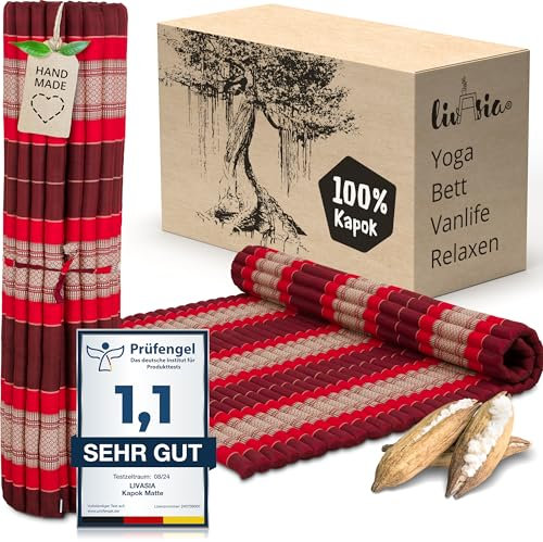 livasia Rollmatte XXL breit Doppelbett - 200x145x4,5cm - Gästebett Gästematratze 2 Personen mit Muster, Reisebett für Kofferraum und outdoor, Thaimatte Kapok Garten und Balkon (Rubinrot)