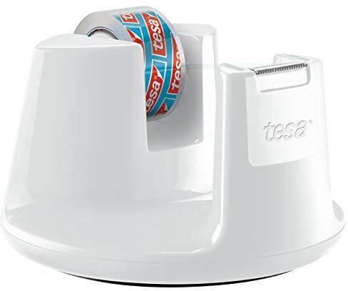 tesa tesafilm Tischabroller Compact - Klebebandspender mit Anti-Rutsch-Boden für sicheren Halt - Mit transparenter Kleberolle 10 m x 15 mm - Weiß