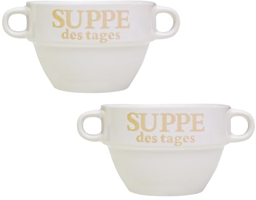 DRULINE 2 Stück Suppentasse aus Keramik mit Schriftzug Suppe des Tages Ø 13 cm Weiß