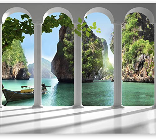 murando - Papier peint panoramique moderne 350x256 cm - Revêtement mural décoration pour chambre salon - Design unique et moderne - Vert blanc - Colonnes mer nature paysage eau 10110903-13
