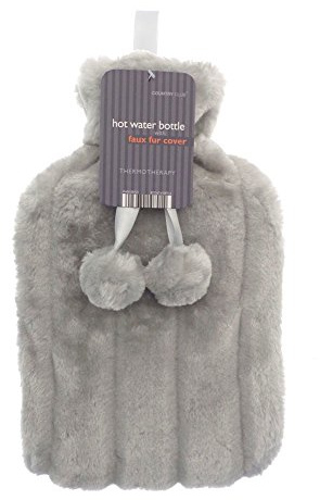 Cosy Large HOT Water Bottle with Faux Fur Cover and POM POMS - Random Selection