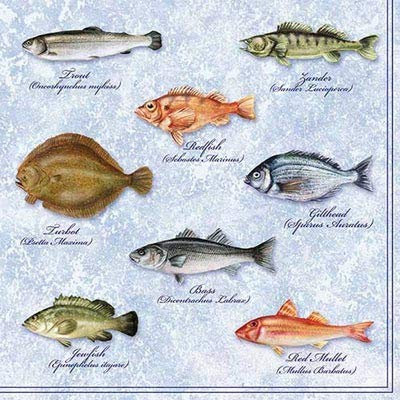 Ambiente 20 St. Servietten Papierservietten 3-lagig Seafood Fishes Fische Blau Weiss 33 x 33 cm