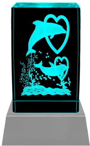 Kaltner Präsente Stimmungslicht - Das perfekte Delfin Geschenk: LED Kerze/3D Kristall Glasblock, Delphin Nachtlicht, LED Geburtstagsdeko, Schlafzimmer Deko