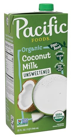 Pacific Foods Organic Unsweetened Coconut Milk, Plant Based Milk, 32 oz Carton