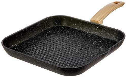 ALLUFLON Wood Etnea Edición Sartén Plancha de Aluminio con Revestimiento Antiadherente y Antirayaduras, Mango Efecto Madera, Apta para el Lavavajillas, Medidas 28x28 cm, Negro, 28 cm