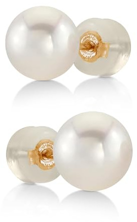 THE PEARL SOURCE Real Pearl Stud Earrings for Women, 14K Yellow Gold Genuine AAA Cultured Freshwater Pearls, Classic Round White Pearl Jewelry Gift for Women, Hypoallergenic Fine Jewelry, 7-7.5mm