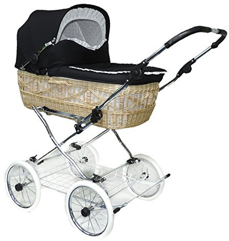 EICHHORN Kinderwagen Weidenkorb - Kinderwagen aus echter Weide, handgeflochten, Korb Natur Stoff Schwarz