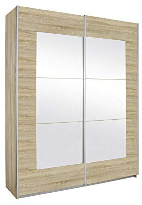 Rauch Möbel Alegro Schrank Schwebetürenschrank Kleiderschrank in Eiche Sonoma mit Spiegel, Holz, 2-türig, inklusive Zubehörpaket Basic 2 Kleiderstangen, 2 Einlegeböden BxHxT 181x210x62 cm