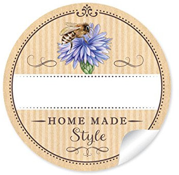 24 STICKER: Home Made Style 24 Schöne Honigetiketten für die Küche in Natur mit Biene auf Kornblume: mit Freitextfeld für Honig (A4 Bogen) • Papieraufkleber im Format 4 cm, rund, matt) für Imker