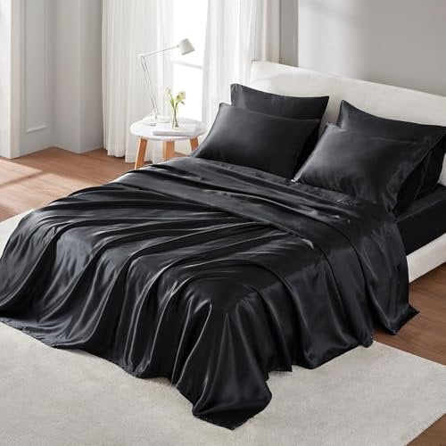 Madison Park Essentials Luxurious Silky Satin Queen Size Bed Linens, 6 Piece Sheet Set, Black, Fits Mattress Up to 16 with 14 Deep Pocket, Polyester, Machine Washable