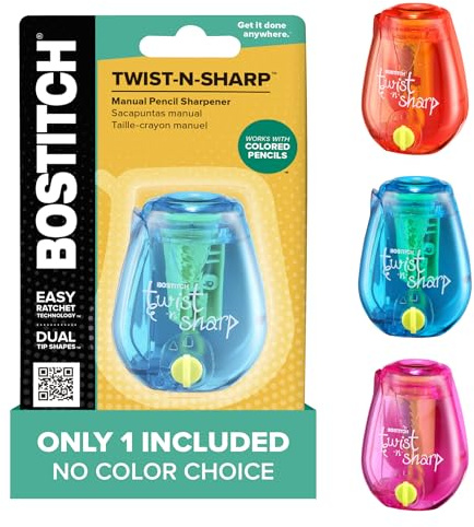 Bostitch Office Pencil Sharpener, Manual, One Assorted Color, Twist-n-Sharp, Kids, Boys, Girls, Colored Pencils, 1 Pack