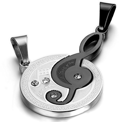 Flongo Partner Anhänger Freundschaftsketten für 2 Halskette BFF Kette Edelstahl Anhänger Halskette Silber Schwarz mit I Love You Gravur Musik Notenschlüssel