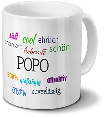 Tasse mit Namen Popo - Motiv Positive Eigenschaften - Namenstasse, Kaffeebecher, Mug, Becher, Kaffeetasse - Farbe Weiß