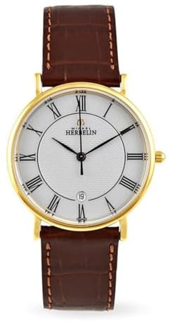 Michel Herbelin Mens PVD vergoldet Uhren, braunes Leder 12443/P08GO