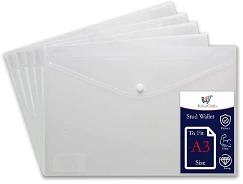 A3 Kunststoffhüllen mit Druckknopf, transparent, für Schule, Dokumente, Dokumentenmappe, Dokumentenmappe, Tragetaschen, Kunststoffmappe, Büroakten, Knopfverschluss (für A3-Größe – 5 Akten)
