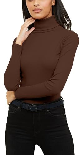 Re Tech UK Ladies Plain Ribbed Cotton Polo Turtle Roll Neck Tunic Top Jumper Full Sleeve, Dark Chocolate Brown, M/L 12-14
