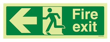 vsafety 14003 ax-g cartello uscita antincendio, freccia verso sinistra, Glow in Dark, 1 mm, in plastica, paesaggio, 300 mm x 100 mm, colore: verde