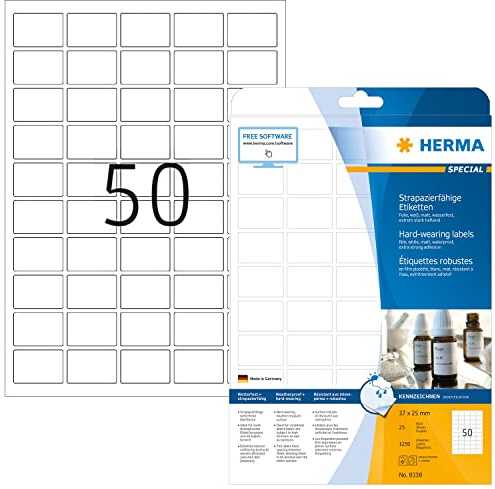 HERMA 8338 Wetterfeste Folienetiketten, 25 Blatt, 37 x 25 mm, 50 pro A4 Bogen, 1250 Stück, selbstklebend, bedruckbar, matt, blanko Klebeetiketten Aufkleber aus Folie, weiß
