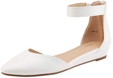 DREAM PAIRS Women's White Pu Low Wedge Ankle Strap Flats Shoes, Amiga, Size 8.5 M US /6.5 UK