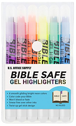 U.S. Office Supply Bible Safe Gel Highlighters - 6 Bright Neon Highlight Colors - Won't Bleed, Fade or Smear - Study Guide by US Office Supply