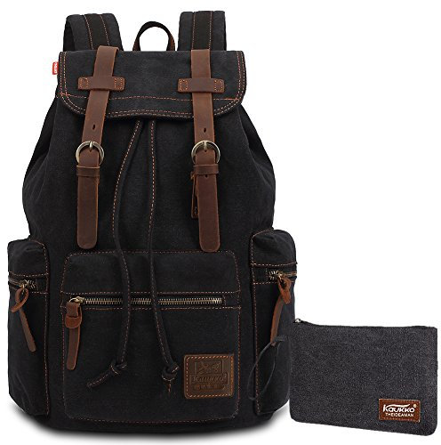 KAUKKO Vintage Rucksäcke, Canvas Laptop Rucksack Damen Herren Schulrucksack Daypack Stylisch Backpack für Outdoor Wanderreise Camping mit Großer Kapazität (Schwarz T02)