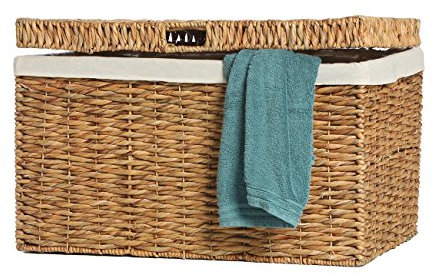 Casa Mina® Wäschetruhe mit Deckel 50 x 30 x 35cm hoch I Atmungsaktive Wäschetruhe geflochten aus 100% Naturfaser I Robuster Wäschesammler mit Griffen & waschbarem Innensack I Wäschetruhe - Bali