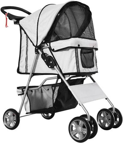PawHut Cochecito Plegable Mascotas Carrito para Perros Gatos con Cuatro Ruedas Cesta de Almacenaje Ventanas y Portavasos Tela Oxford Marco de Acero 75x45x97 cm Gris